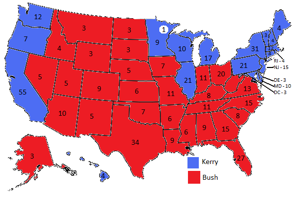 2004 Electoral College Results. States Kerry won are in blue and states Bush won are in red.