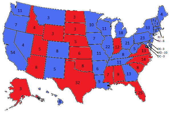 1992 Electoral College Results. States Clinton won are in blue and states Bush won are in red.
