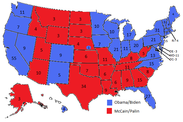 2008 Electoral College Results. States Obama won are in blue and states McCain won are in red.