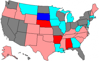 Republican hold in light red, Republican pickup in dark red, Democratic hold in light blue, Democratic pickup in dark blue.